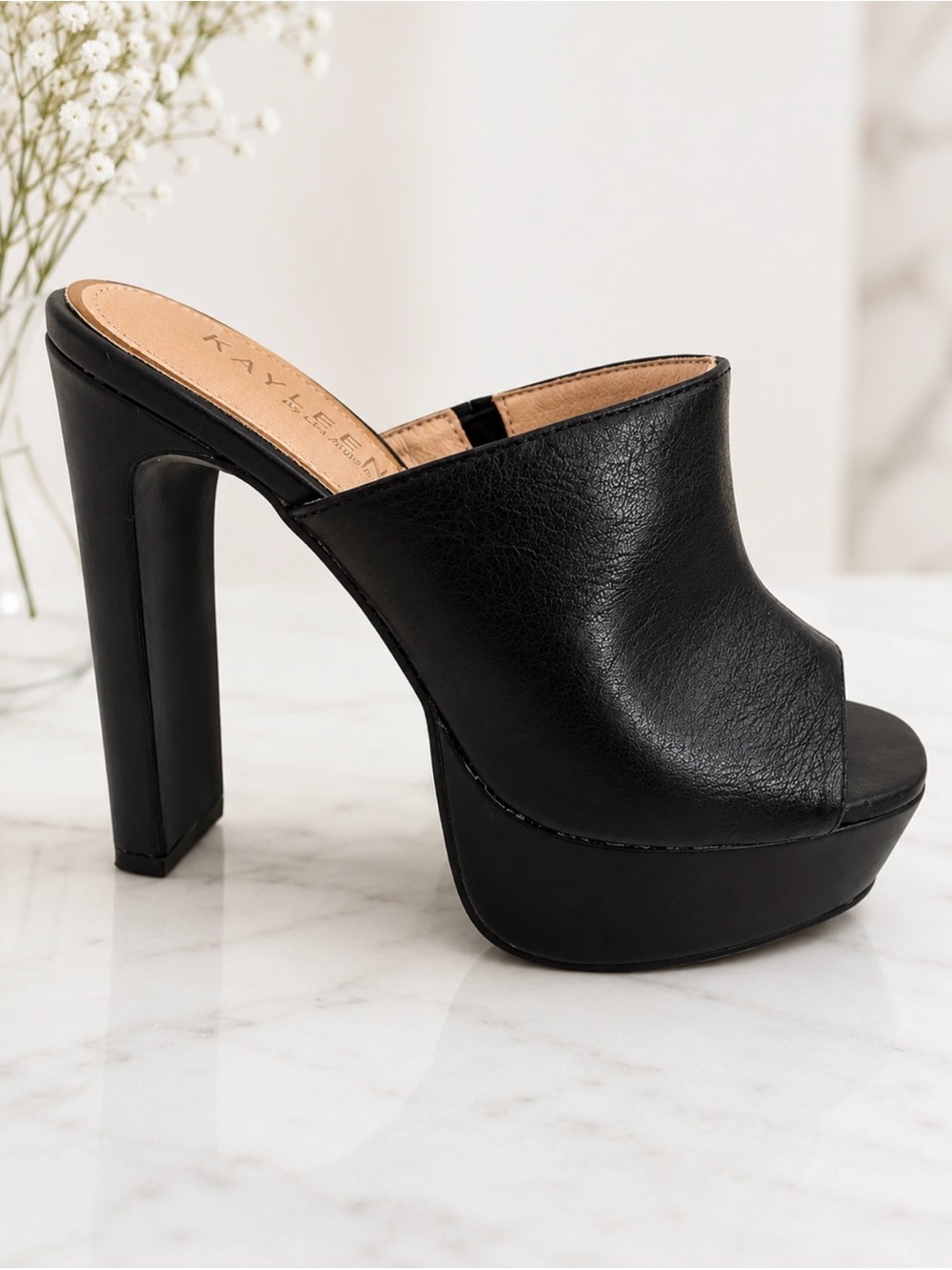 KAYLEEN By Los Angeles Black Open-Toe Slide Mules with Tan Insole - 7 1/2